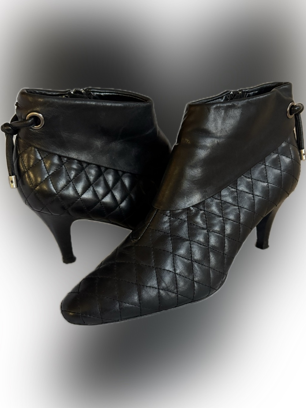Hilary Radley Black Quilted Leather Kitten Heel Ankle Booties